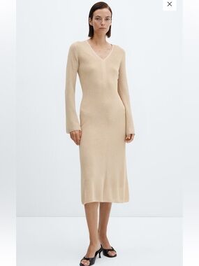 Mango V-Neck Long Sleeve lurex Knit Midi Dress - Cream